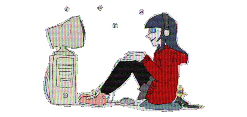 Animated character at computer